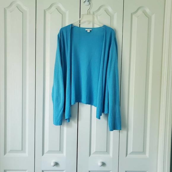 J. Jill Blue Linen Blend Draped Open Front Cardigan L Airy Soft Relaxed Modest - Picture 2 of 11